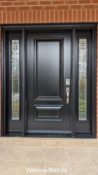 Black door. Solid core door. Executive panels. Sidelight full glass. Winchester